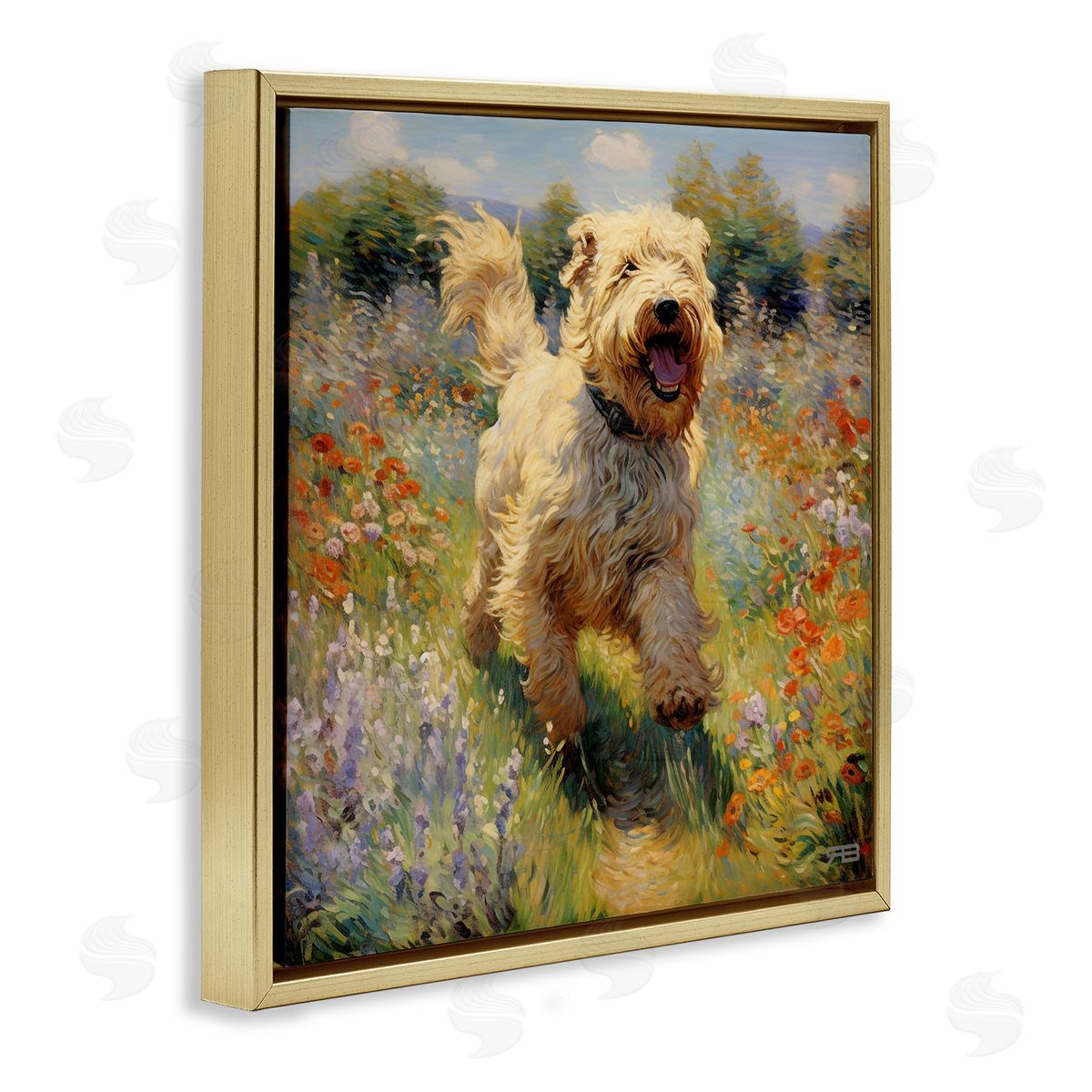Happy Running Terrier Dog Gold Floating Frame Canvas Wall Art, Home Decor by Roozbeh Bahramali