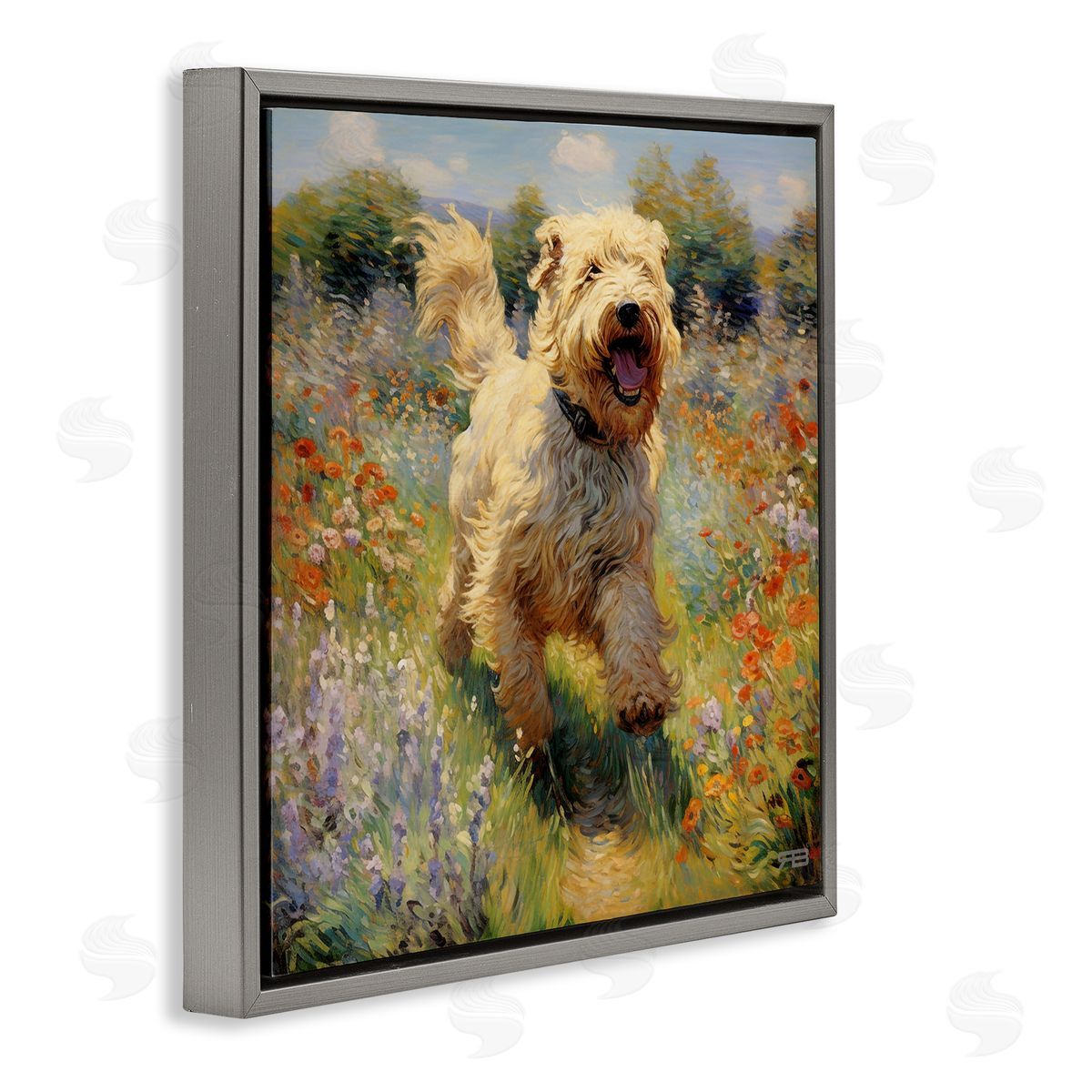 Happy Running Terrier Dog Grey Floating Frame Canvas Wall Art, Home Decor by Roozbeh Bahramali