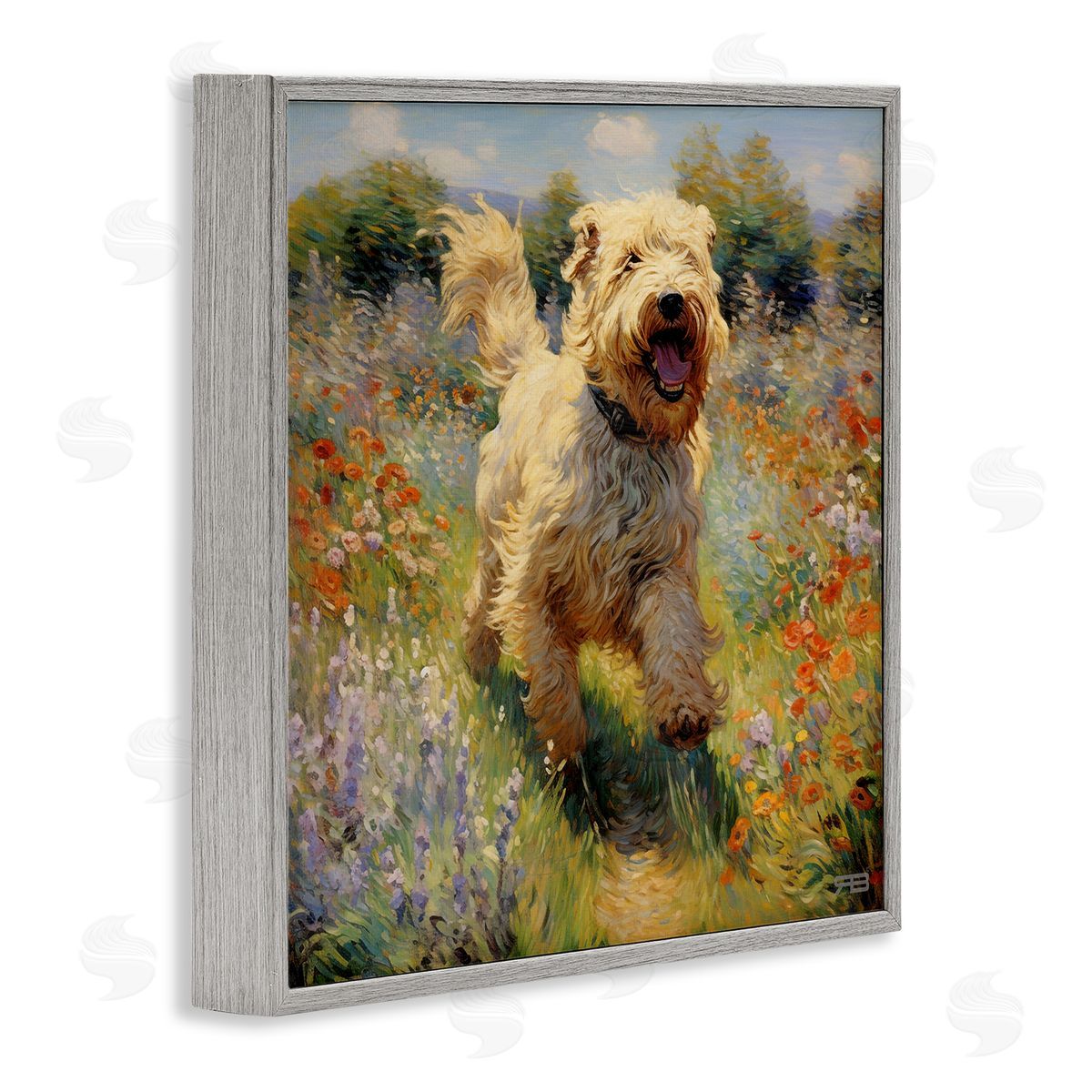 Happy Running Terrier Dog Grey Frame Print Wall Art, Home Decor by Roozbeh Bahramali