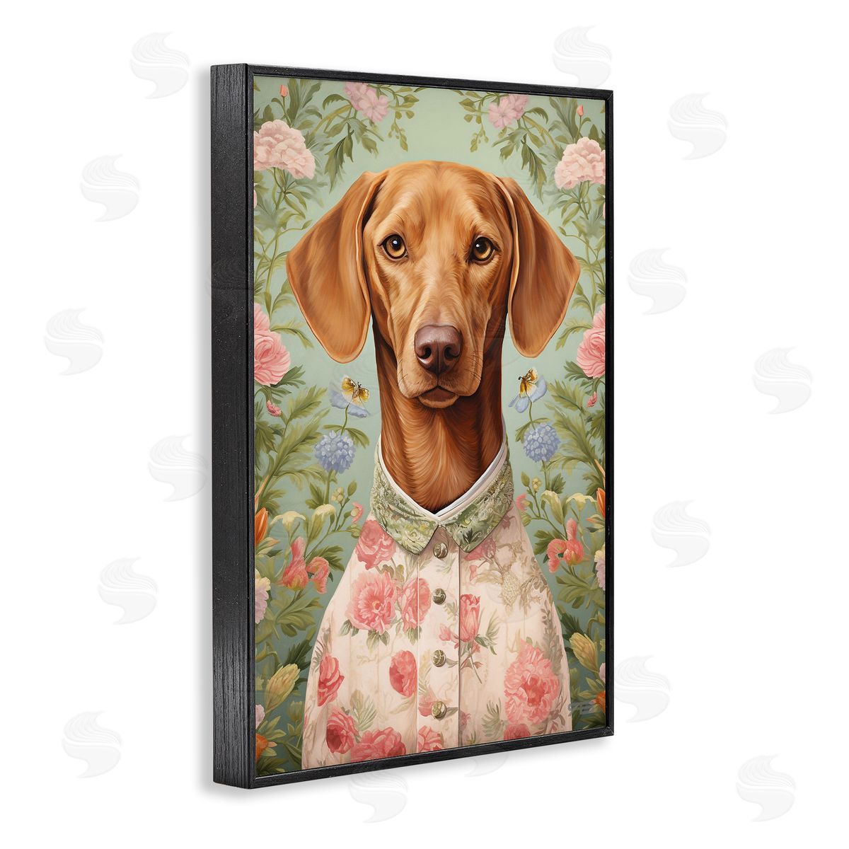 Tropical Florals Dog Black Frame Print Wall Art, Home Decor by Roozbeh Bahramali