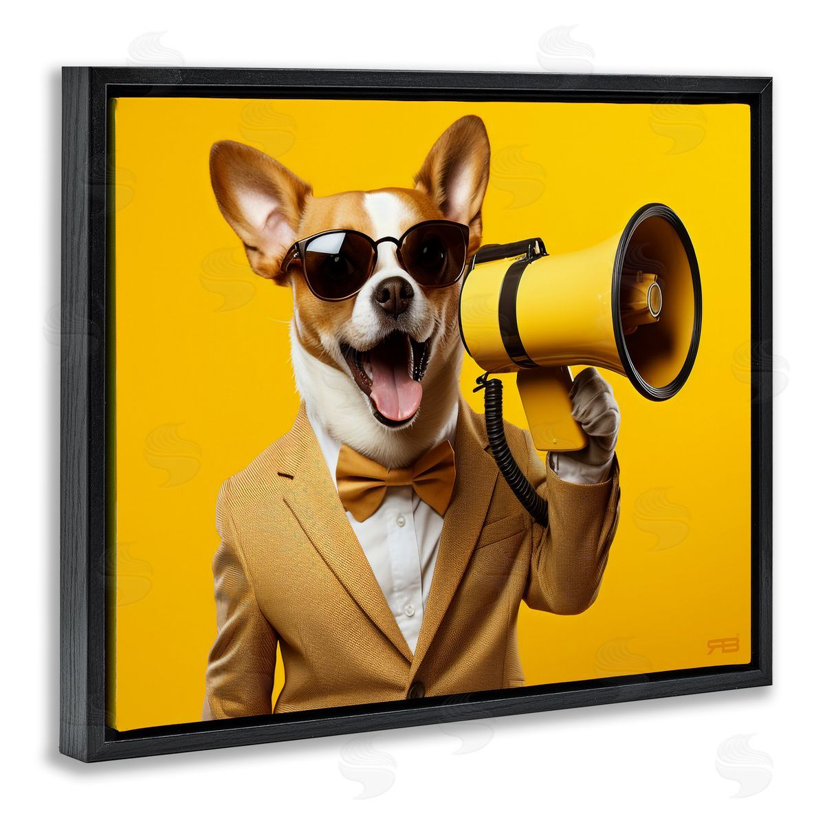 Dog with Yellow Megaphone Black Floating Frame Canvas Wall Art, Home Decor by Roozbeh Bahramali