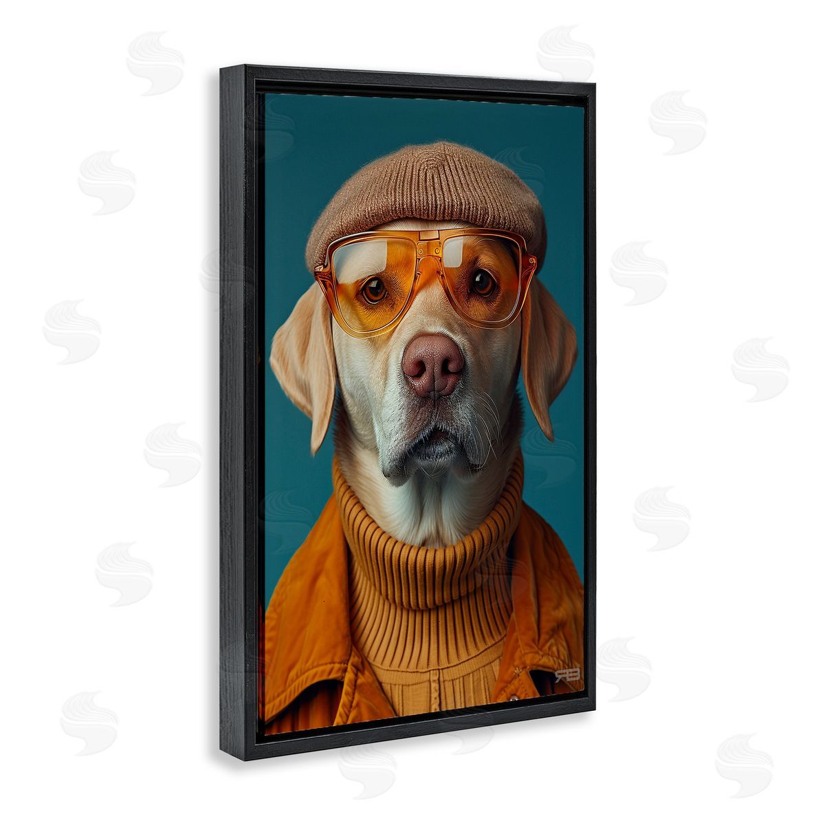 Dog in Knit Fashion Black Floating Frame Canvas Wall Art, Home Decor by Roozbeh Bahramali