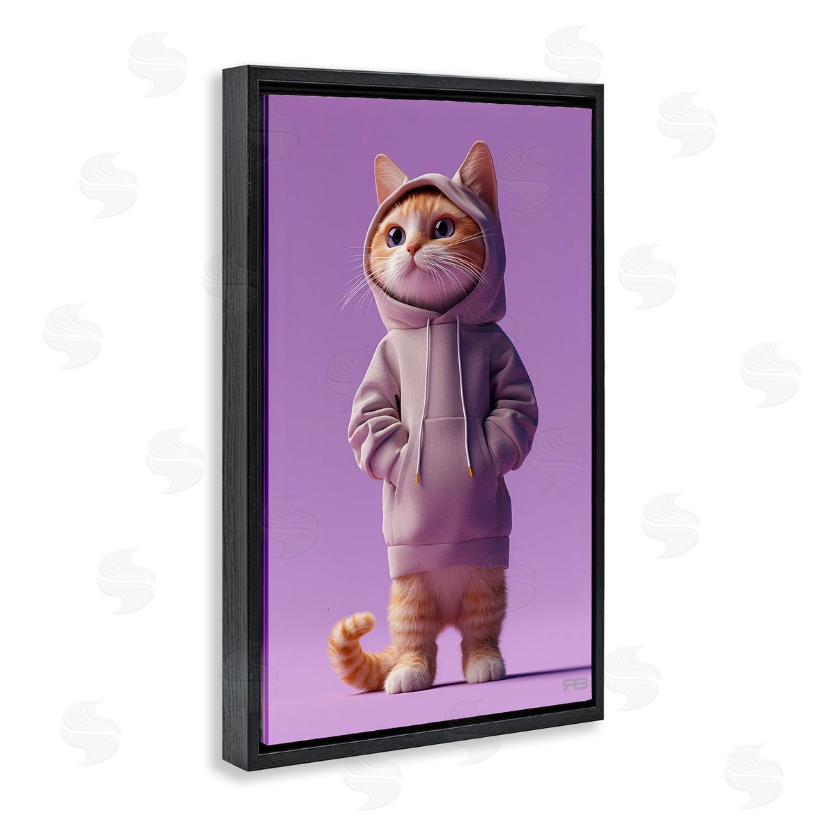 Trendy Cat in Purple Black Floating Frame Canvas Wall Art, Home Decor by Roozbeh Bahramali
