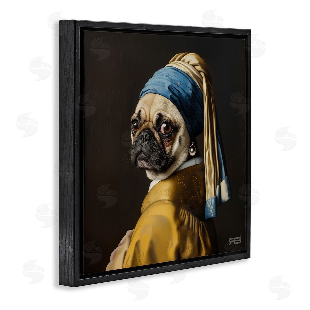 Pearl Earring Classic Dog Black Floating Frame Canvas Wall Art, Home Decor by Roozbeh Bahramali