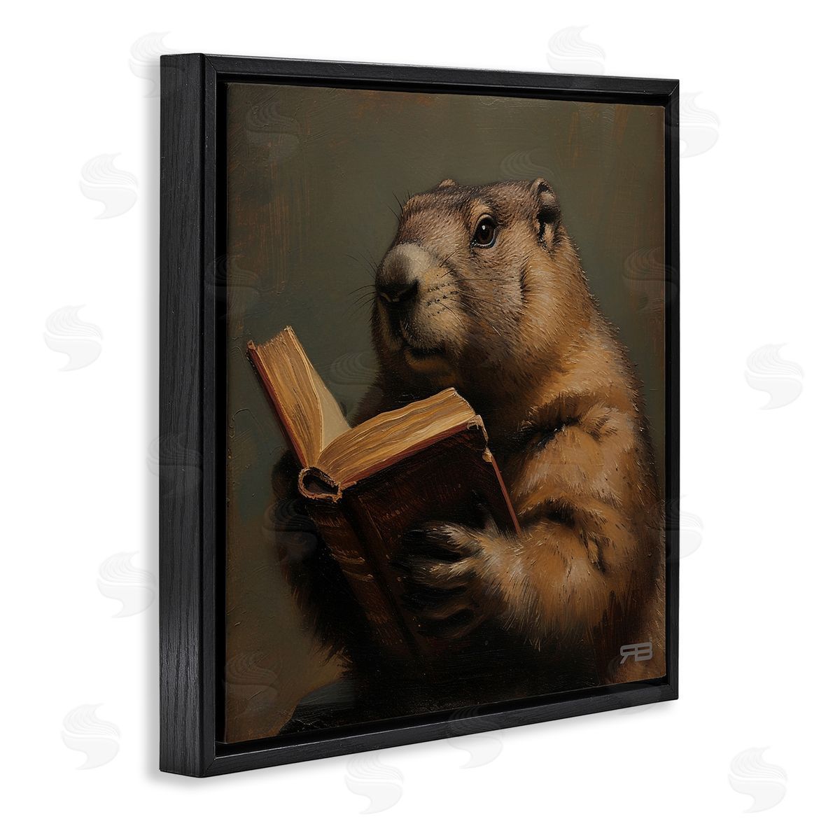 Groundhog Reading Book Black Floating Frame Canvas Wall Art, Home Decor by Roozbeh Bahramali