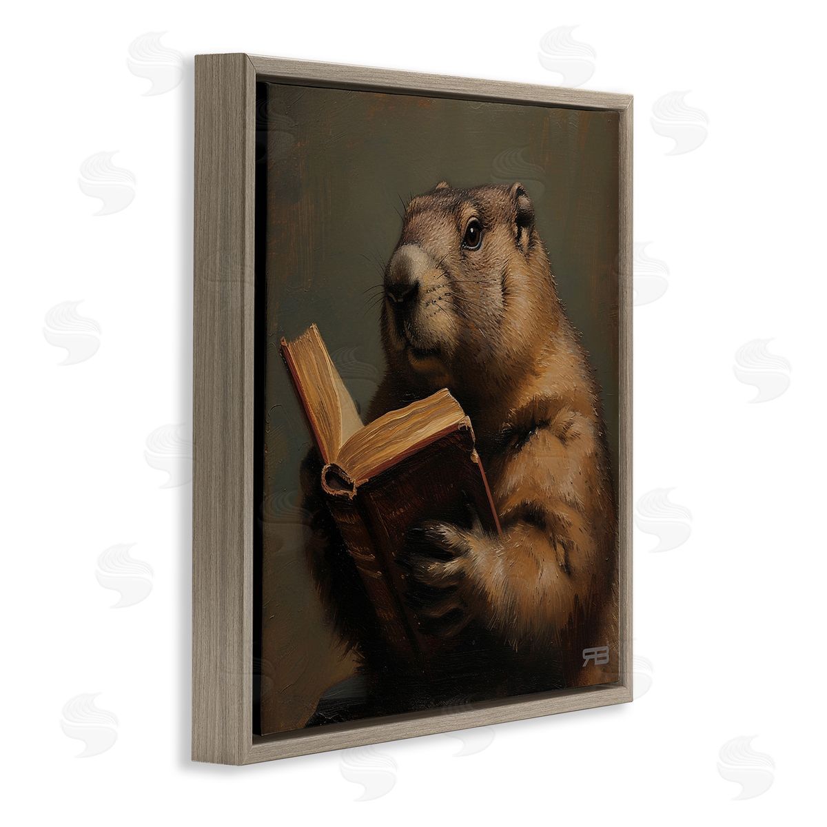Groundhog Reading Book Brown Floating Frame Canvas Wall Art, Home Decor by Roozbeh Bahramali