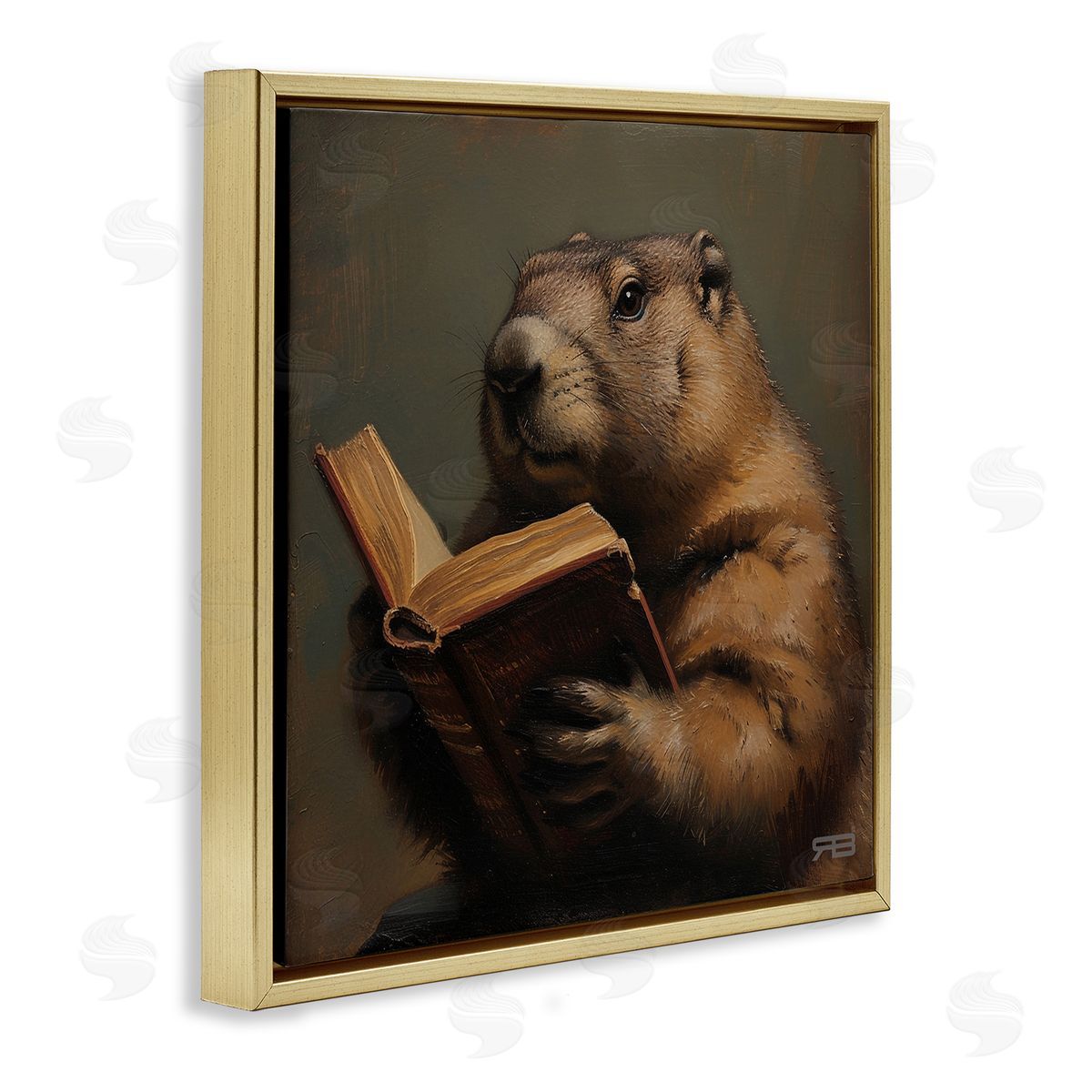 Groundhog Reading Book Gold Floating Frame Canvas Wall Art, Home Decor by Roozbeh Bahramali