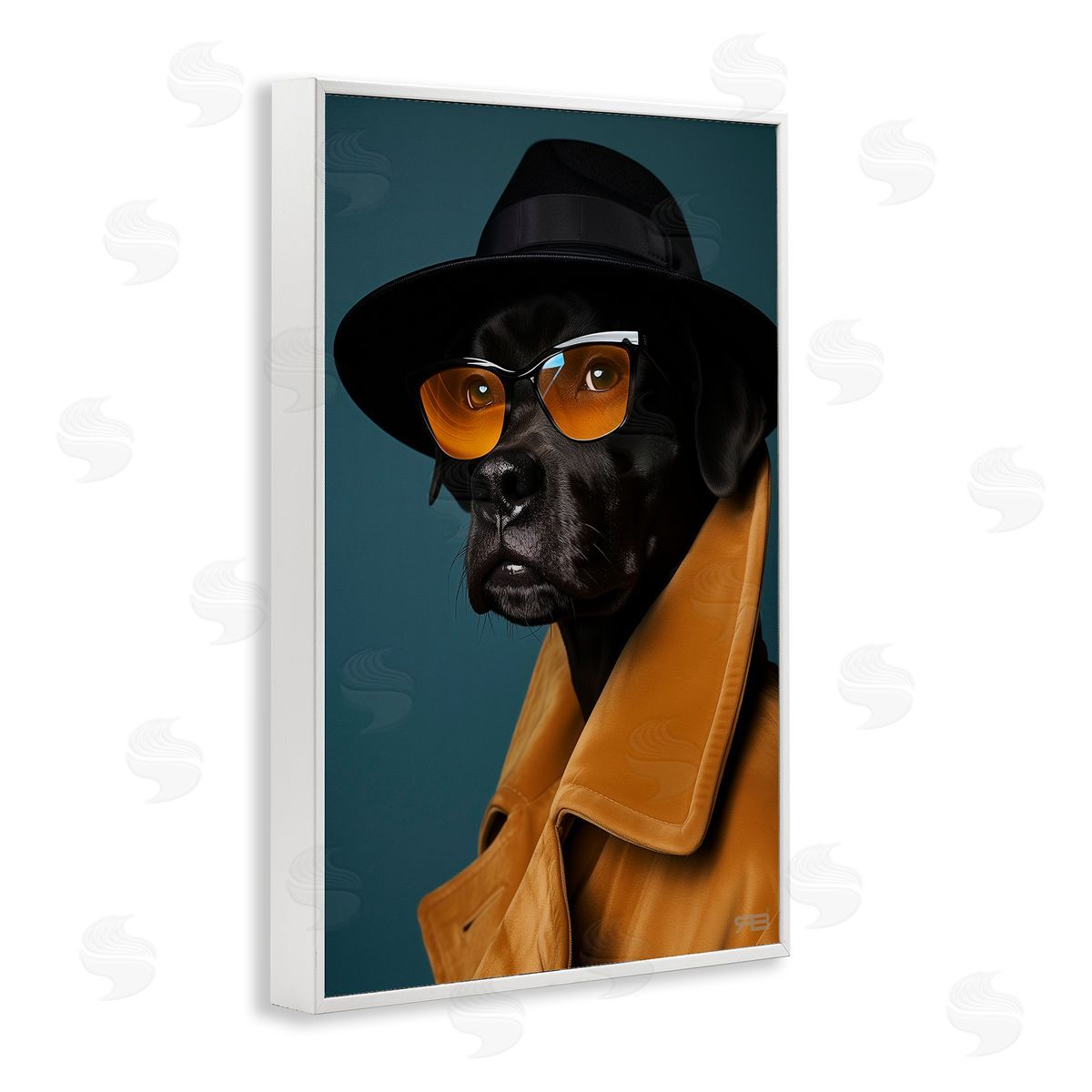 Black Dog in Suit White Frame Print Wall Art, Home Decor by Roozbeh Bahramali