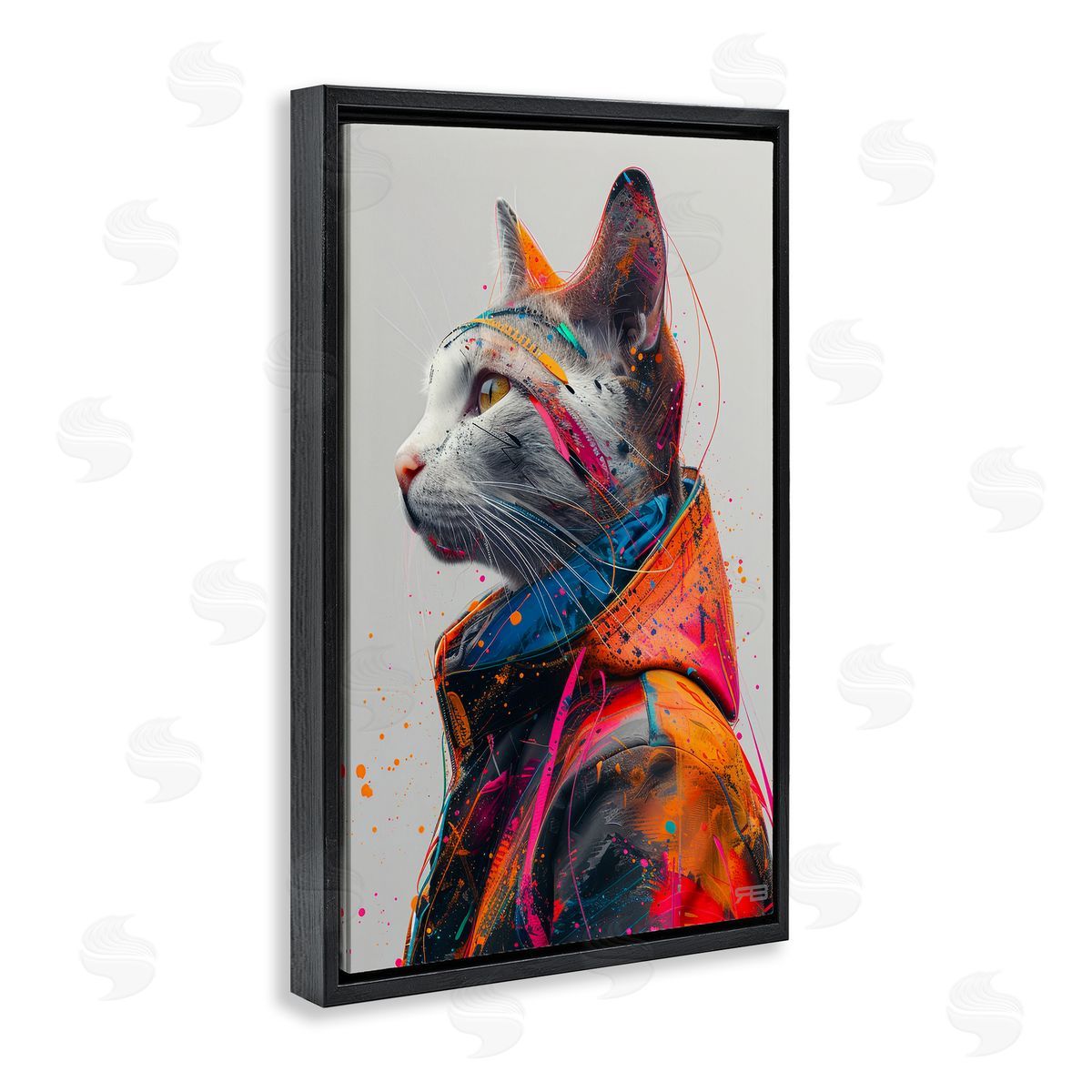 Paint Splatter Cat Black Floating Frame Canvas Wall Art, Home Decor by Roozbeh Bahramali