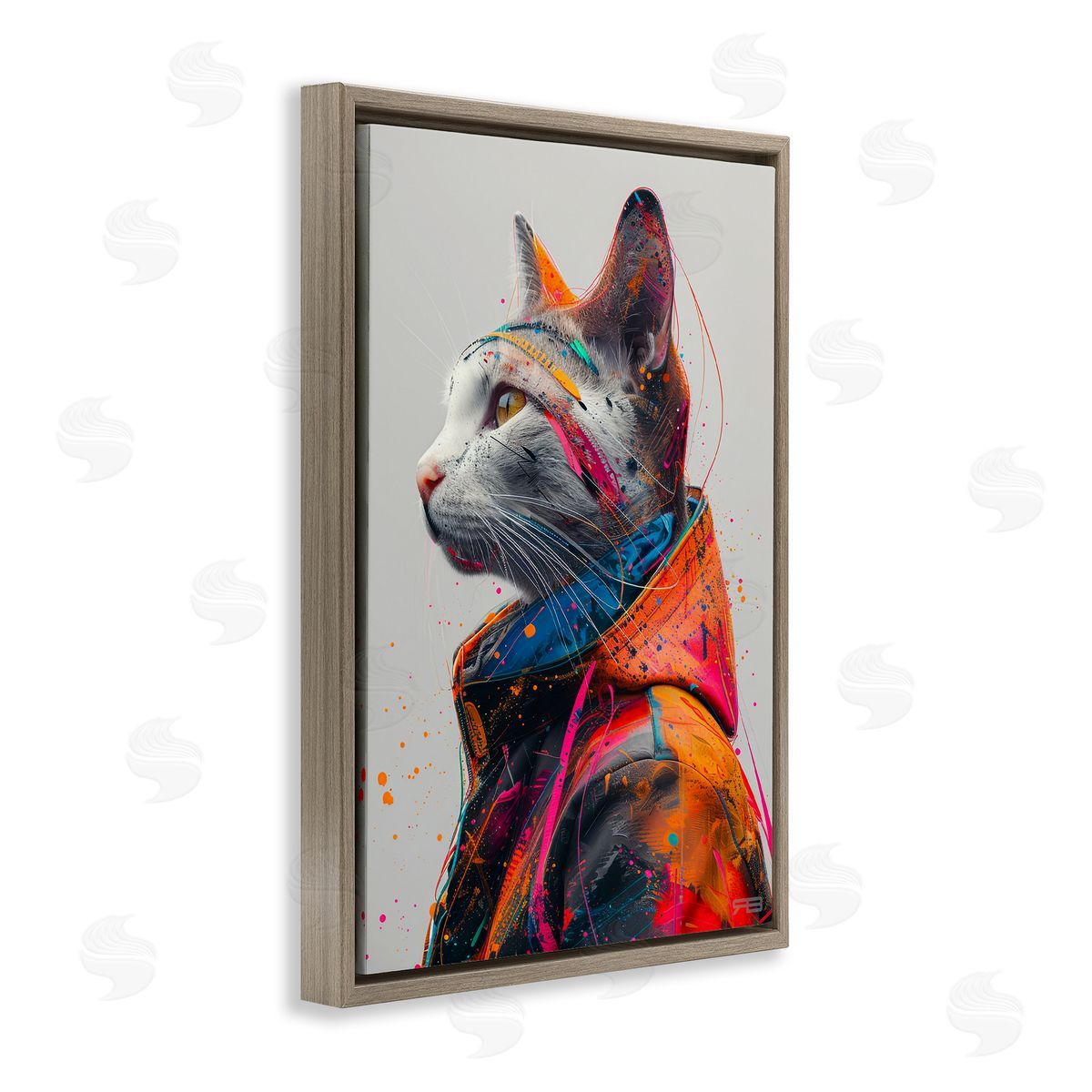 Paint Splatter Cat Brown Floating Frame Canvas Wall Art, Home Decor by Roozbeh Bahramali