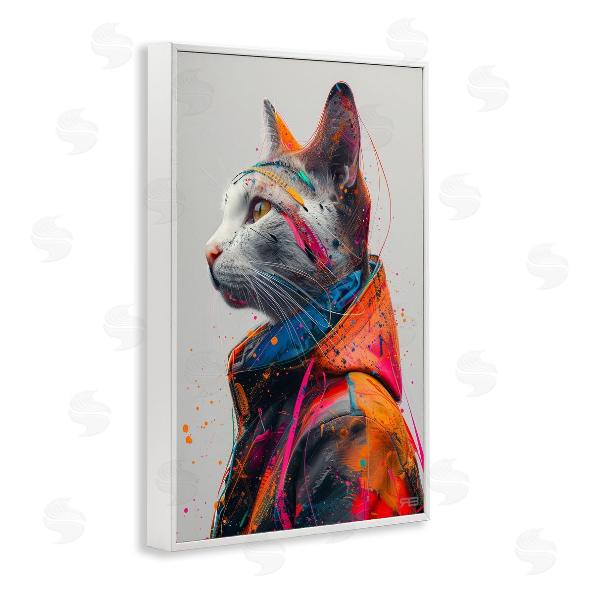 Paint Splatter Cat White Frame Print Wall Art, Home Decor by Roozbeh Bahramali