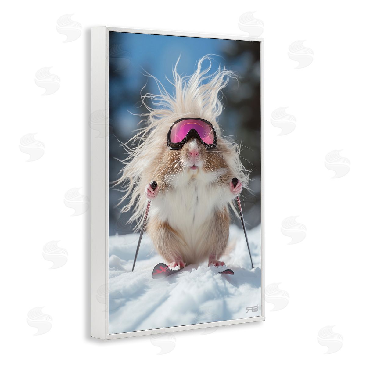 Skiing Guinea Pig White Frame Print Wall Art, Home Decor by Roozbeh Bahramali