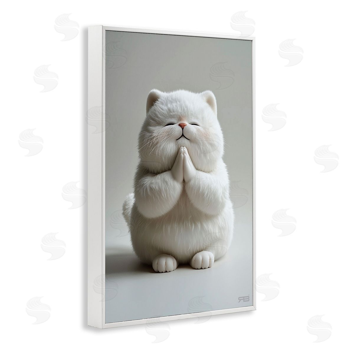 Fluffy Praying Cat White Frame Print Wall Art, Home Decor by Roozbeh Bahramali