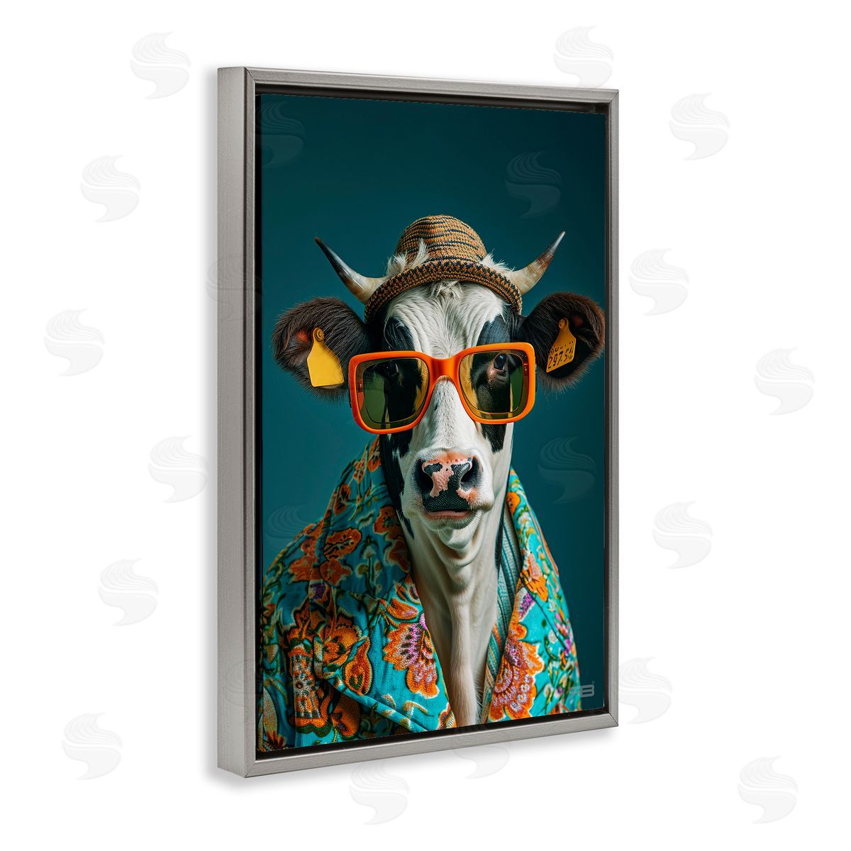 Cool Trendy Cow Grey Floating Frame Canvas Wall Art, Home Decor by Roozbeh Bahramali