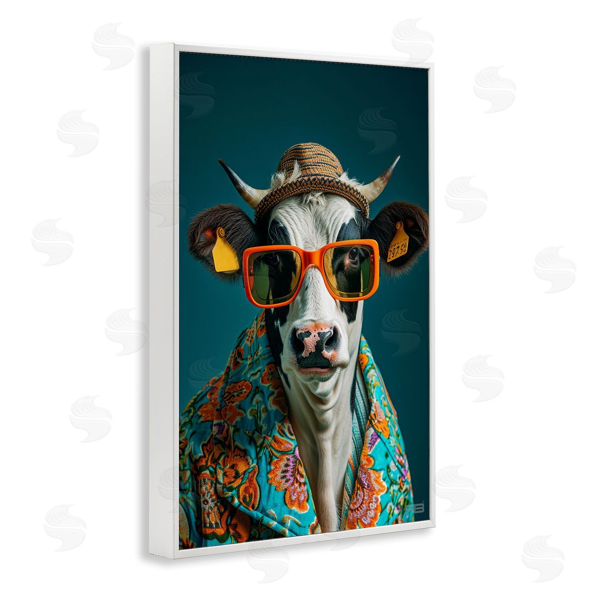 Cool Trendy Cow White Frame Print Wall Art, Home Decor by Roozbeh Bahramali