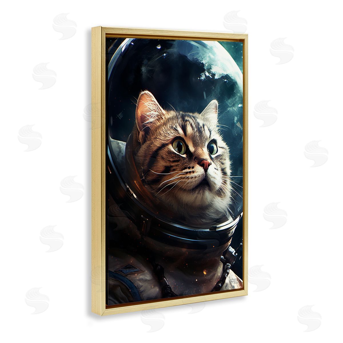 Amazed Astronaut Cat Gold Floating Frame Canvas Wall Art, Home Decor by Roozbeh Bahramali