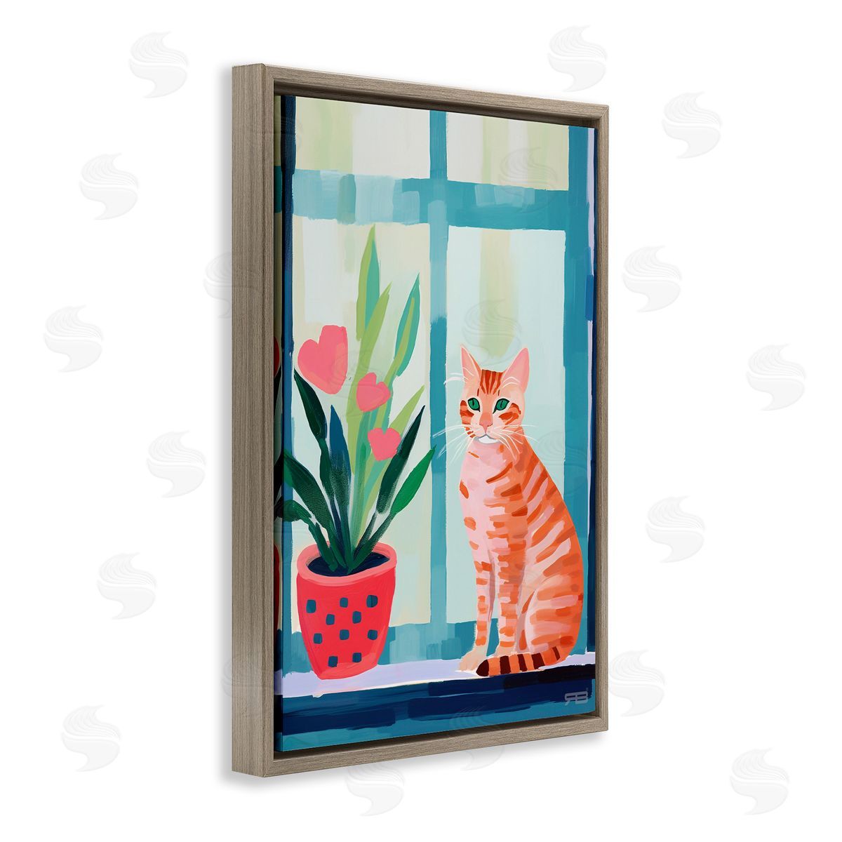 Cat and Tulips in Windowsill Brown Floating Frame Canvas Wall Art, Home Decor by Roozbeh Bahramali