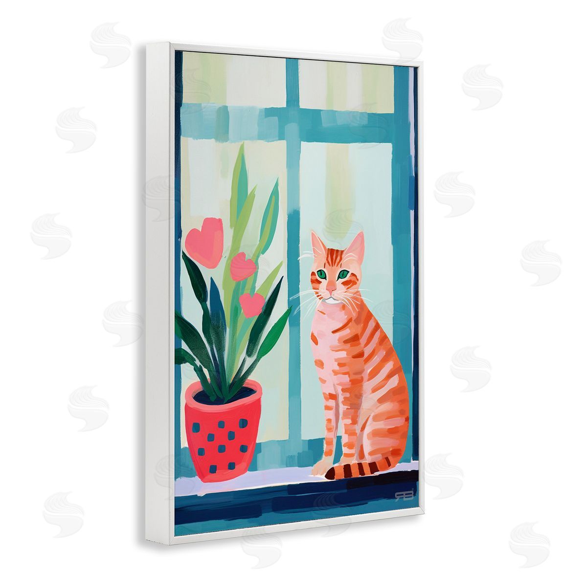 Cat and Tulips in Windowsill White Frame Print Wall Art, Home Decor by Roozbeh Bahramali