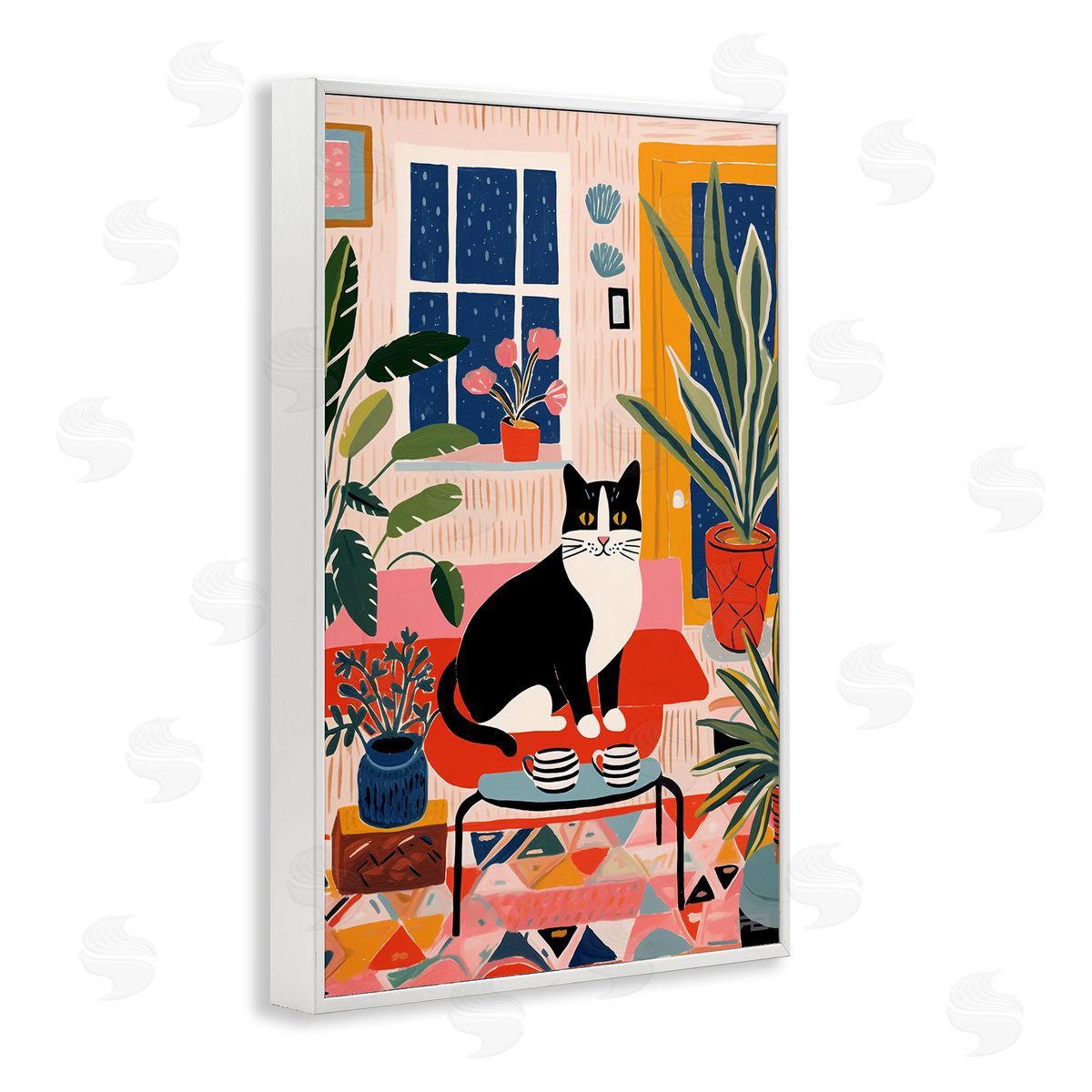 Eclectic Living Room Cat White Frame Print Wall Art, Home Decor by Roozbeh Bahramali