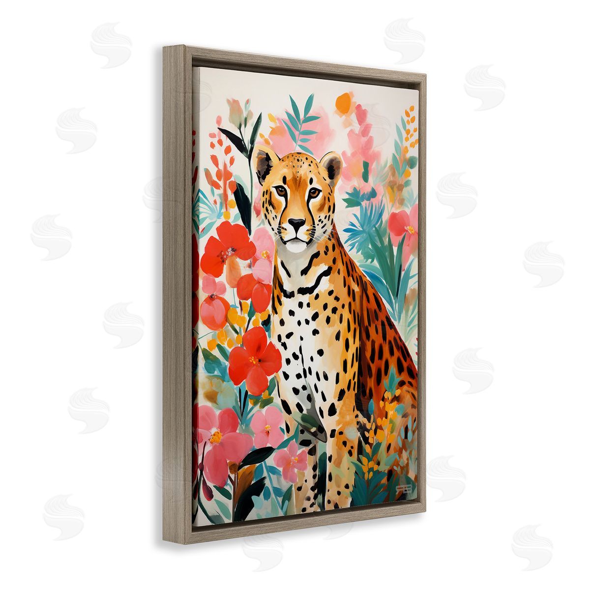 Floral Adorned Leopard Brown Floating Frame Canvas Wall Art, Home Decor by Roozbeh Bahramali