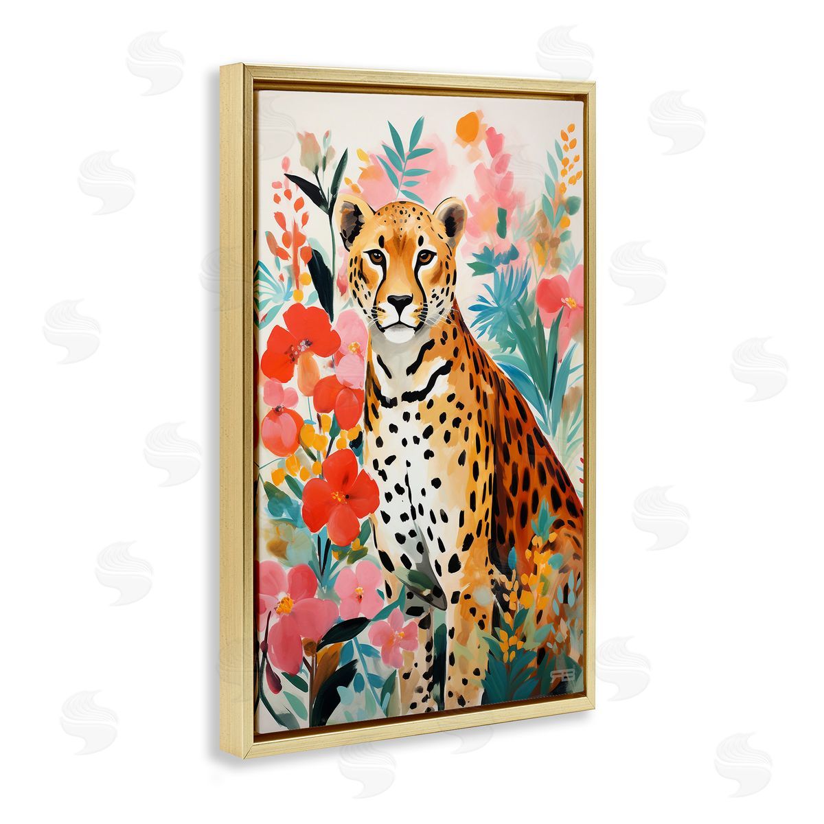 Floral Adorned Leopard Gold Floating Frame Canvas Wall Art, Home Decor by Roozbeh Bahramali