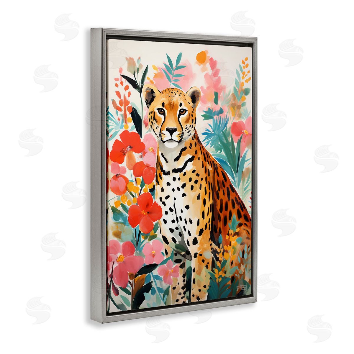 Floral Adorned Leopard Grey Floating Frame Canvas Wall Art, Home Decor by Roozbeh Bahramali