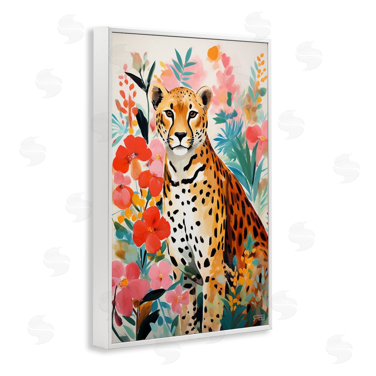 Floral Adorned Leopard White Frame Print Wall Art, Home Decor by Roozbeh Bahramali