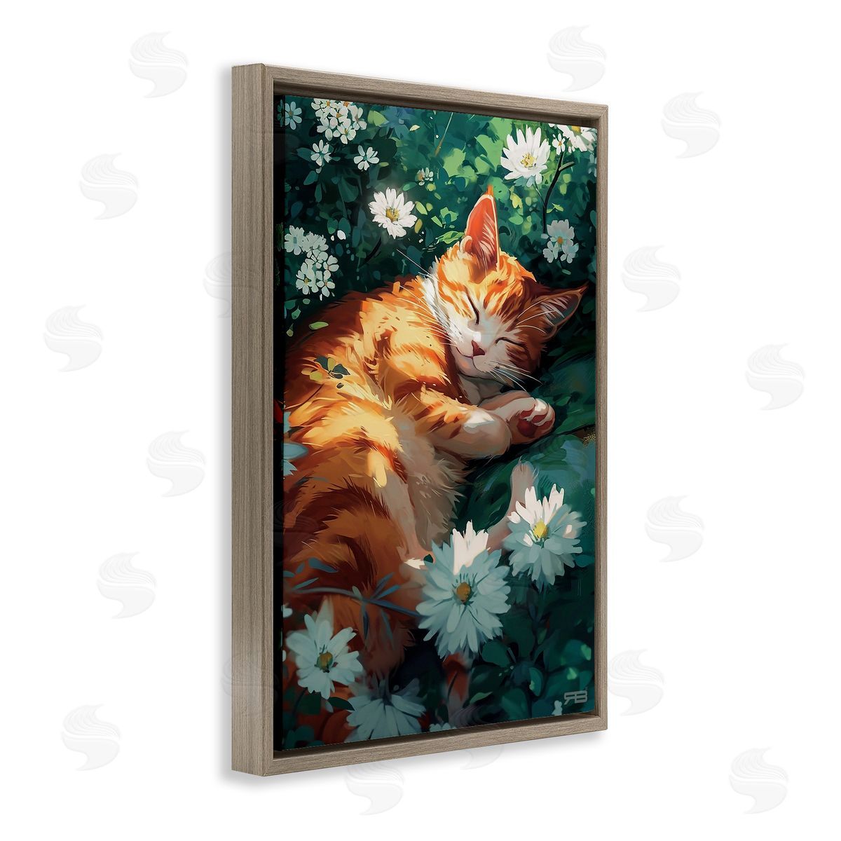 Cat Sleeping in Meadow Brown Floating Frame Canvas Wall Art, Home Decor by Roozbeh Bahramali