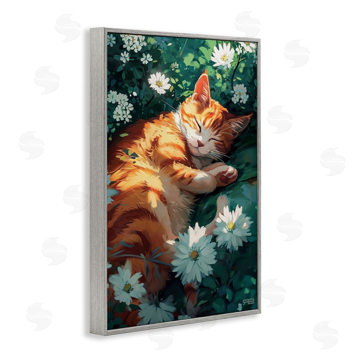 Cat Sleeping in Meadow Grey Frame Print Wall Art, Home Decor by Roozbeh Bahramali