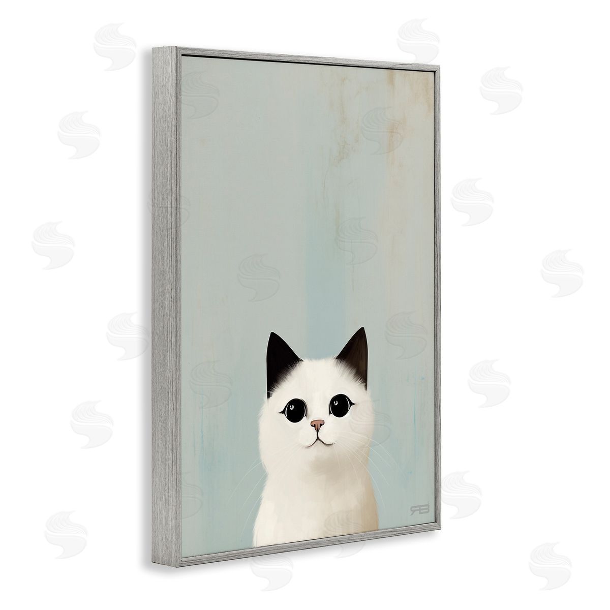 Peeking White Kitten Grey Frame Print Wall Art, Home Decor by Roozbeh Bahramali
