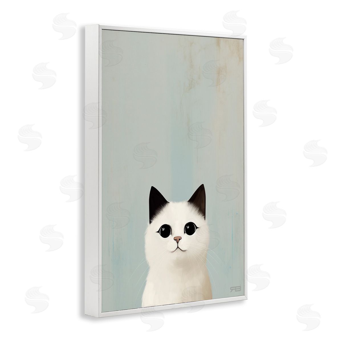 Peeking White Kitten White Frame Print Wall Art, Home Decor by Roozbeh Bahramali