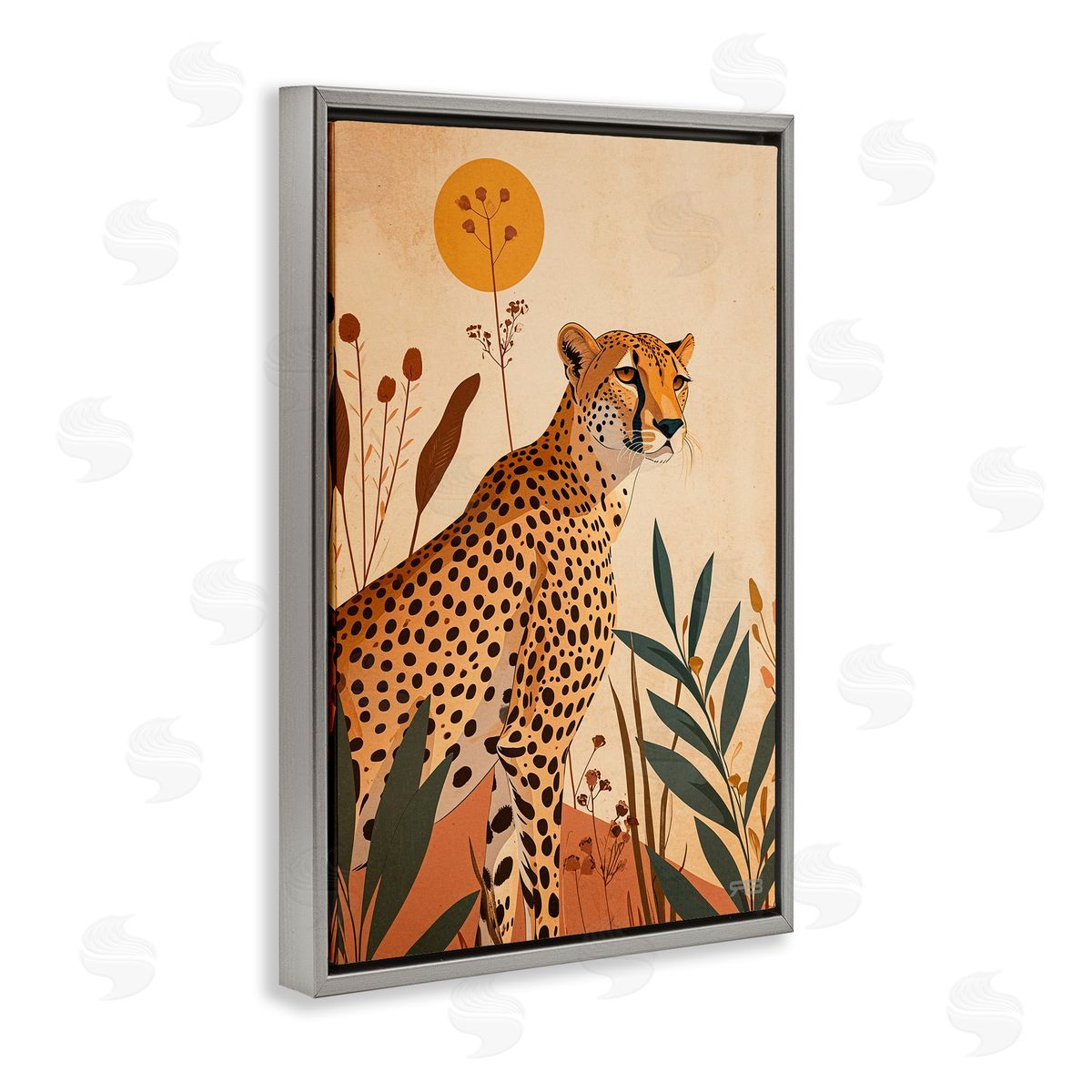 Cheetah and Boho Plants Grey Floating Frame Canvas Wall Art, Home Decor by Roozbeh Bahramali