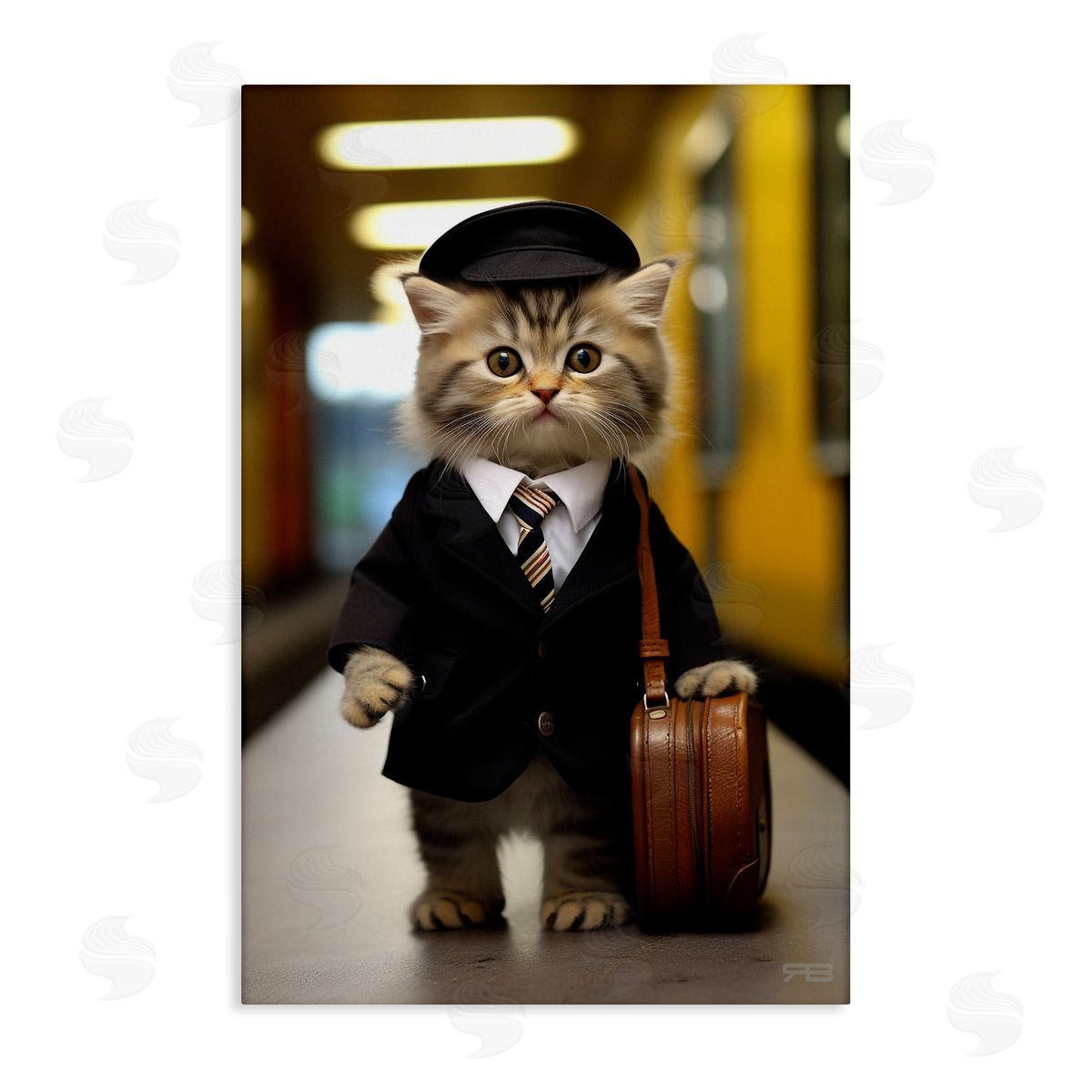 Traveler Kitten and Briefcase Canvas Wall Art, Home Decor by Roozbeh Bahramali