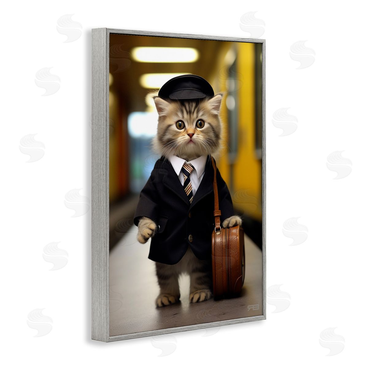 Traveler Kitten and Briefcase Grey Frame Print Wall Art, Home Decor by Roozbeh Bahramali