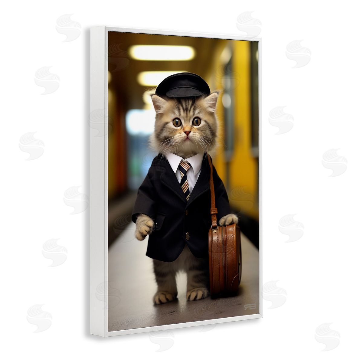 Traveler Kitten and Briefcase White Frame Print Wall Art, Home Decor by Roozbeh Bahramali
