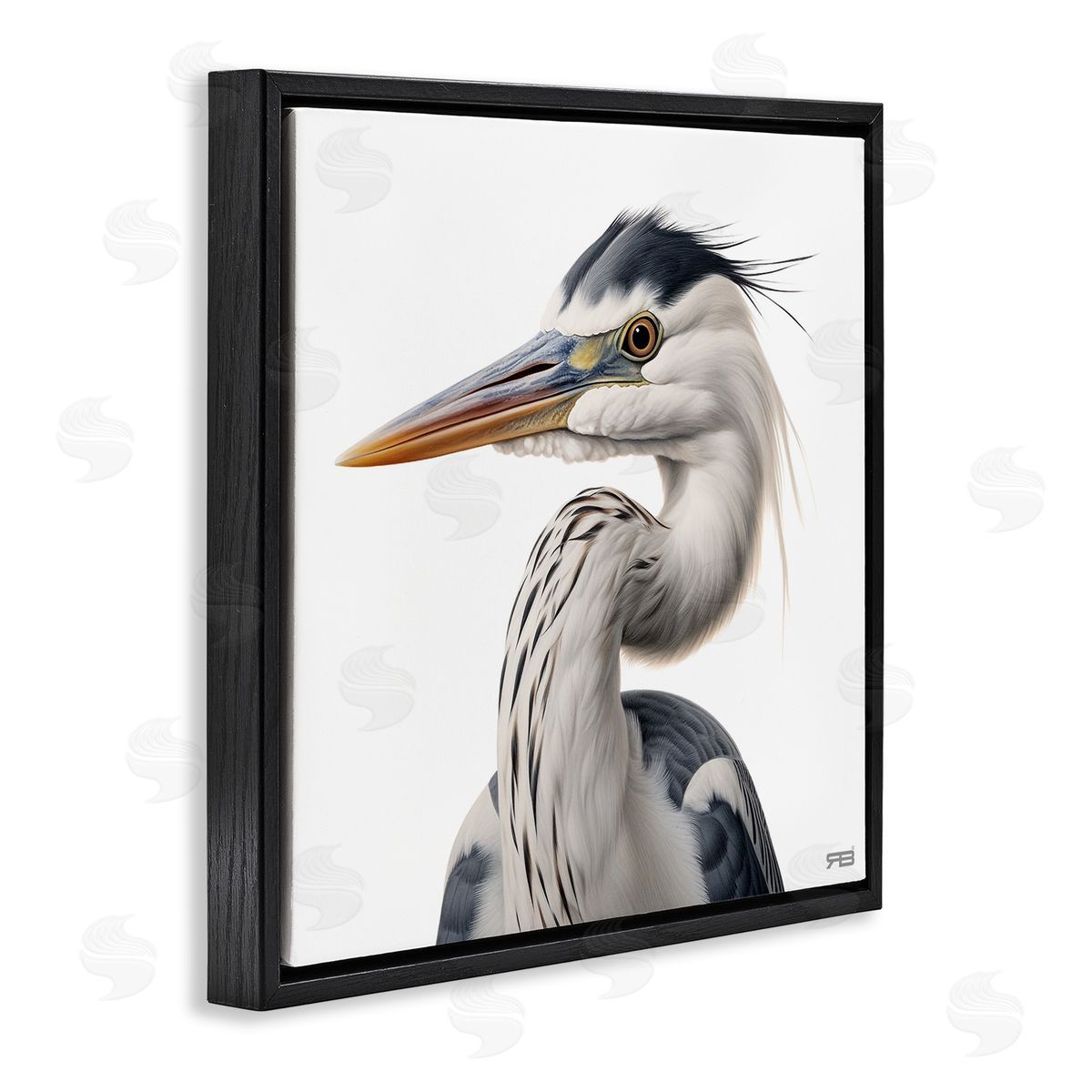 Stoic Heron Looking Left Black Floating Frame Canvas Wall Art, Home Decor by Roozbeh Bahramali