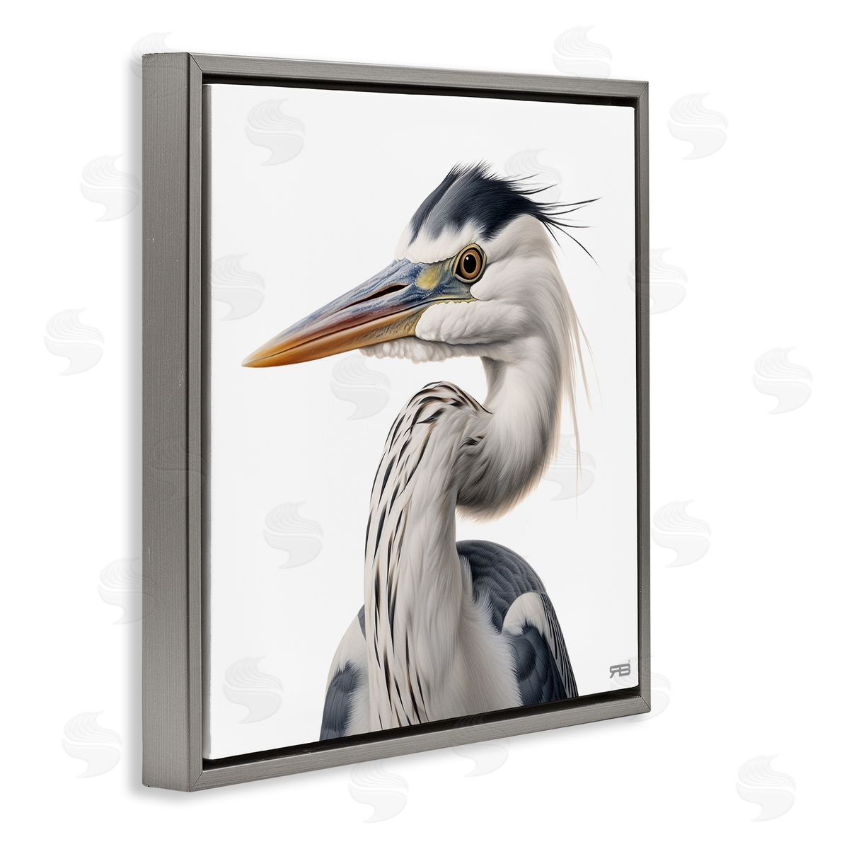 Stoic Heron Looking Left Grey Floating Frame Canvas Wall Art, Home Decor by Roozbeh Bahramali