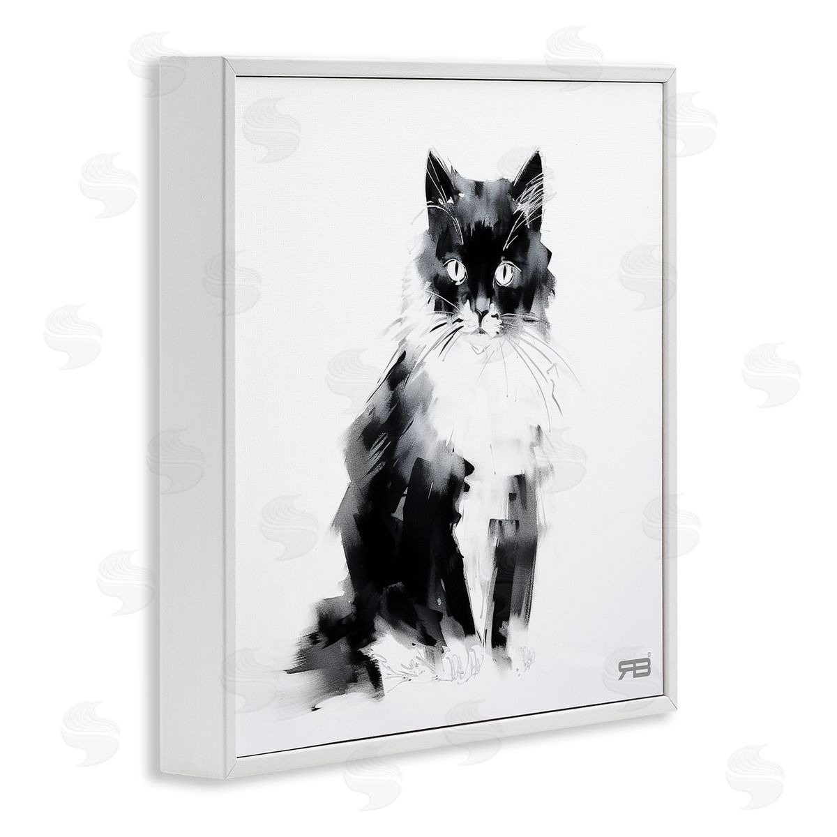 Abstract Black and White Cat White Frame Print Wall Art, Home Decor by Roozbeh Bahramali