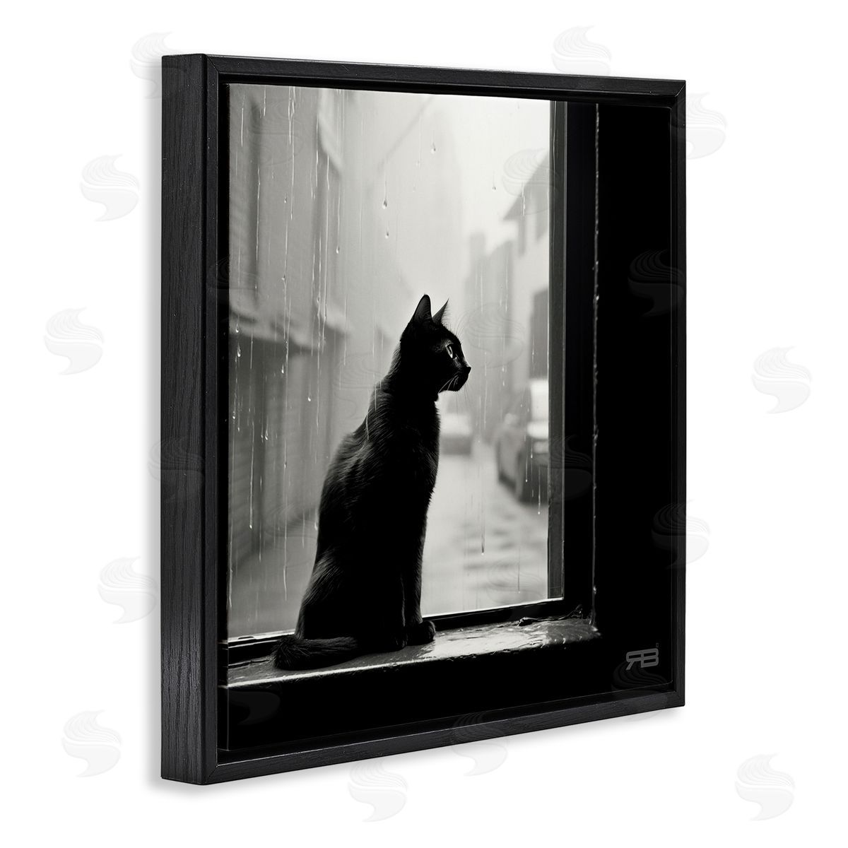 Cat Gazing Rainy Window Black Floating Frame Canvas Wall Art, Home Decor by Roozbeh Bahramali