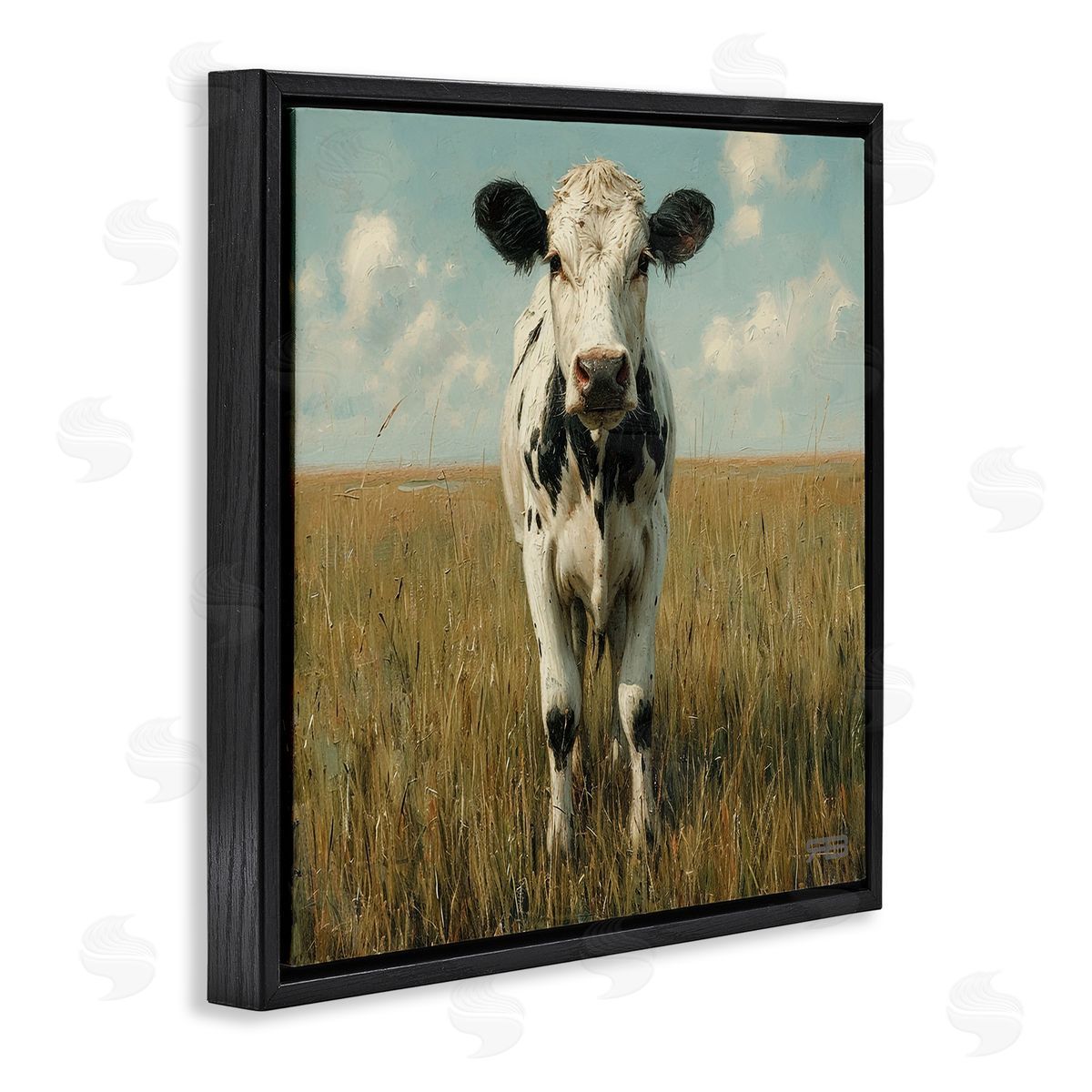 Cow in Verdant Field Black Floating Frame Canvas Wall Art, Home Decor by Roozbeh Bahramali