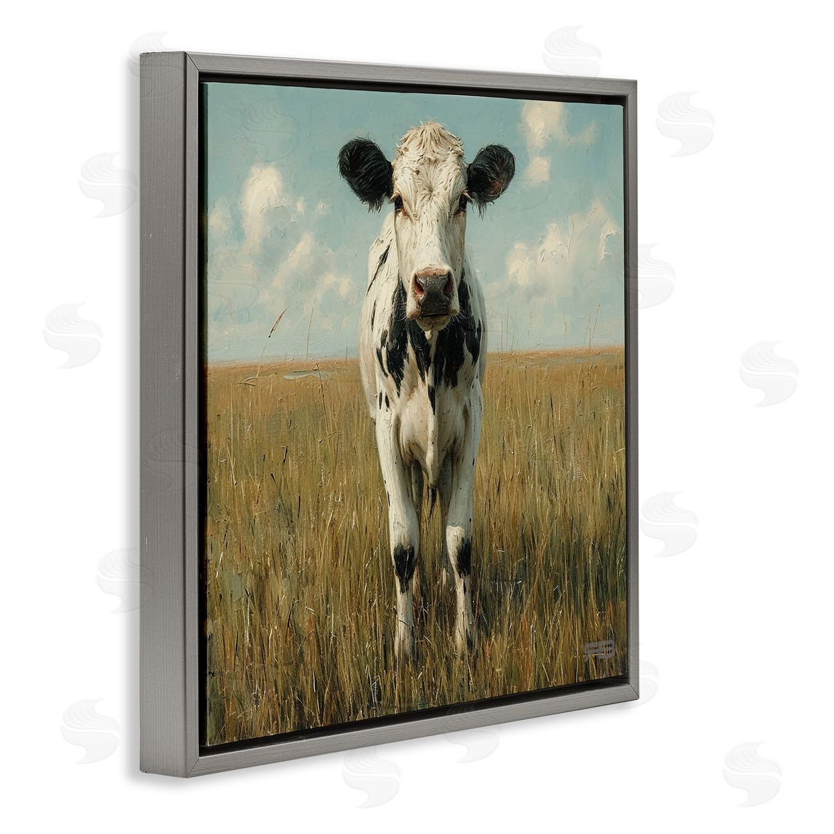 Cow in Verdant Field Grey Floating Frame Canvas Wall Art, Home Decor by Roozbeh Bahramali