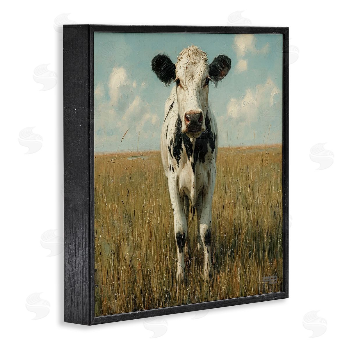 Cow in Verdant Field Black Frame Print Wall Art, Home Decor by Roozbeh Bahramali