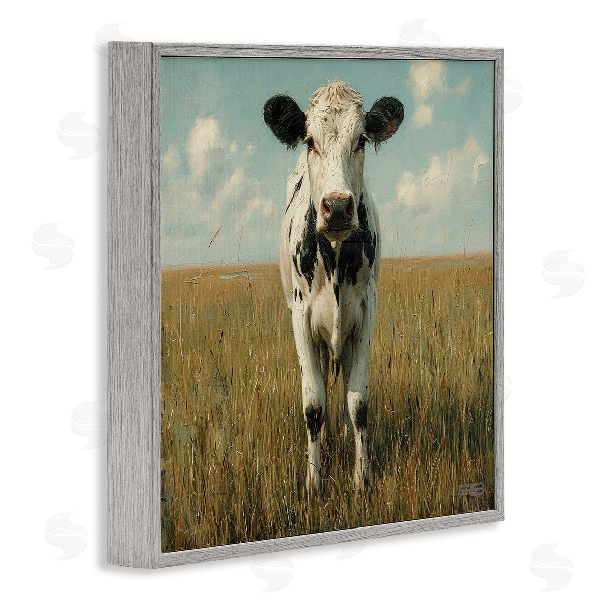 Cow in Verdant Field Grey Frame Print Wall Art, Home Decor by Roozbeh Bahramali