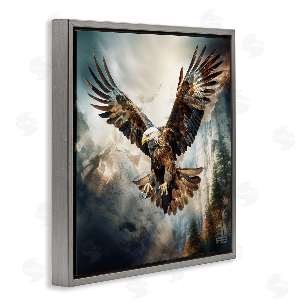 Intense Eagle Spreading Wings Grey Floating Frame Canvas Wall Art, Home Decor by Roozbeh Bahramali
