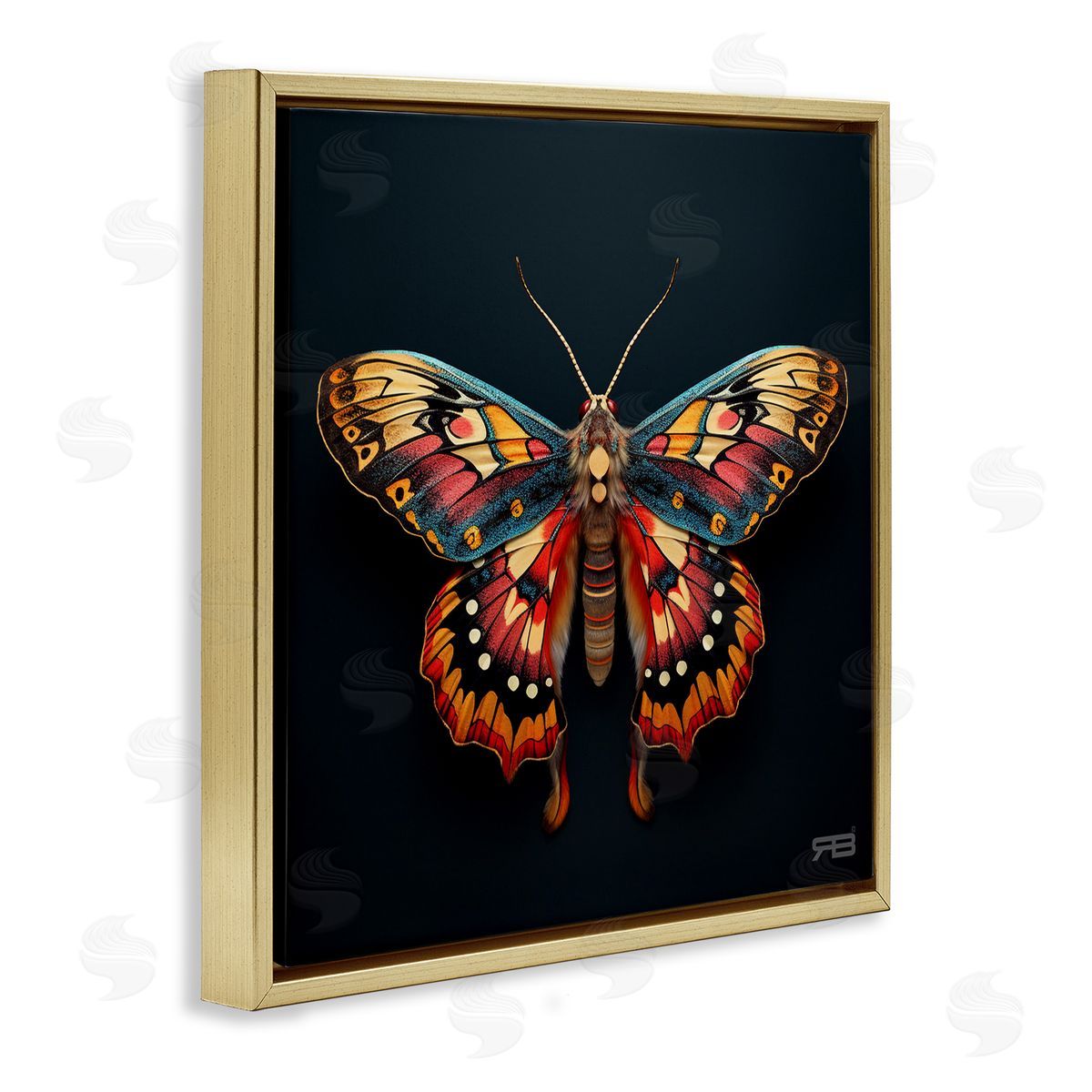 Vivid Patterned Moth Gold Floating Frame Canvas Wall Art, Home Decor by Roozbeh Bahramali