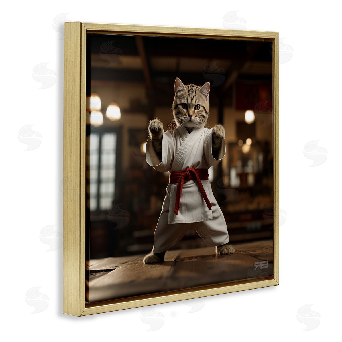 Martial Arts Cat Gold Floating Frame Canvas Wall Art, Home Decor by Roozbeh Bahramali
