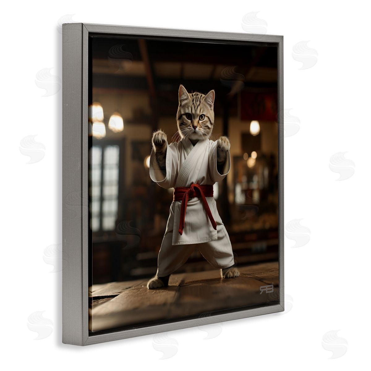 Martial Arts Cat Grey Floating Frame Canvas Wall Art, Home Decor by Roozbeh Bahramali