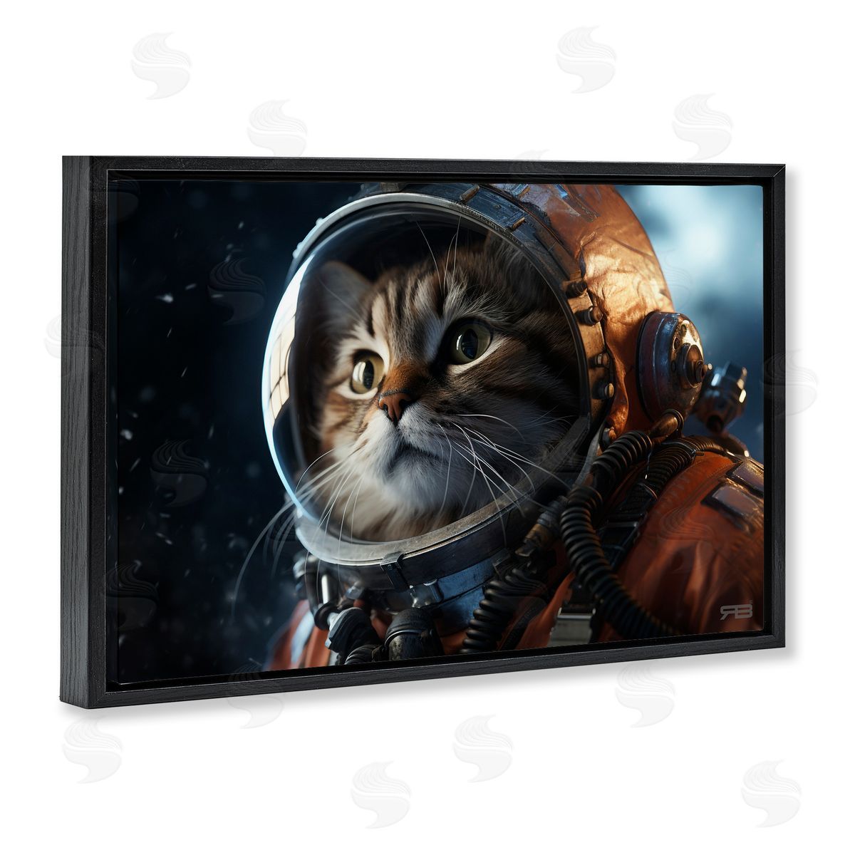Astronaut Cat in Space Black Floating Frame Canvas Wall Art, Home Decor by Roozbeh Bahramali