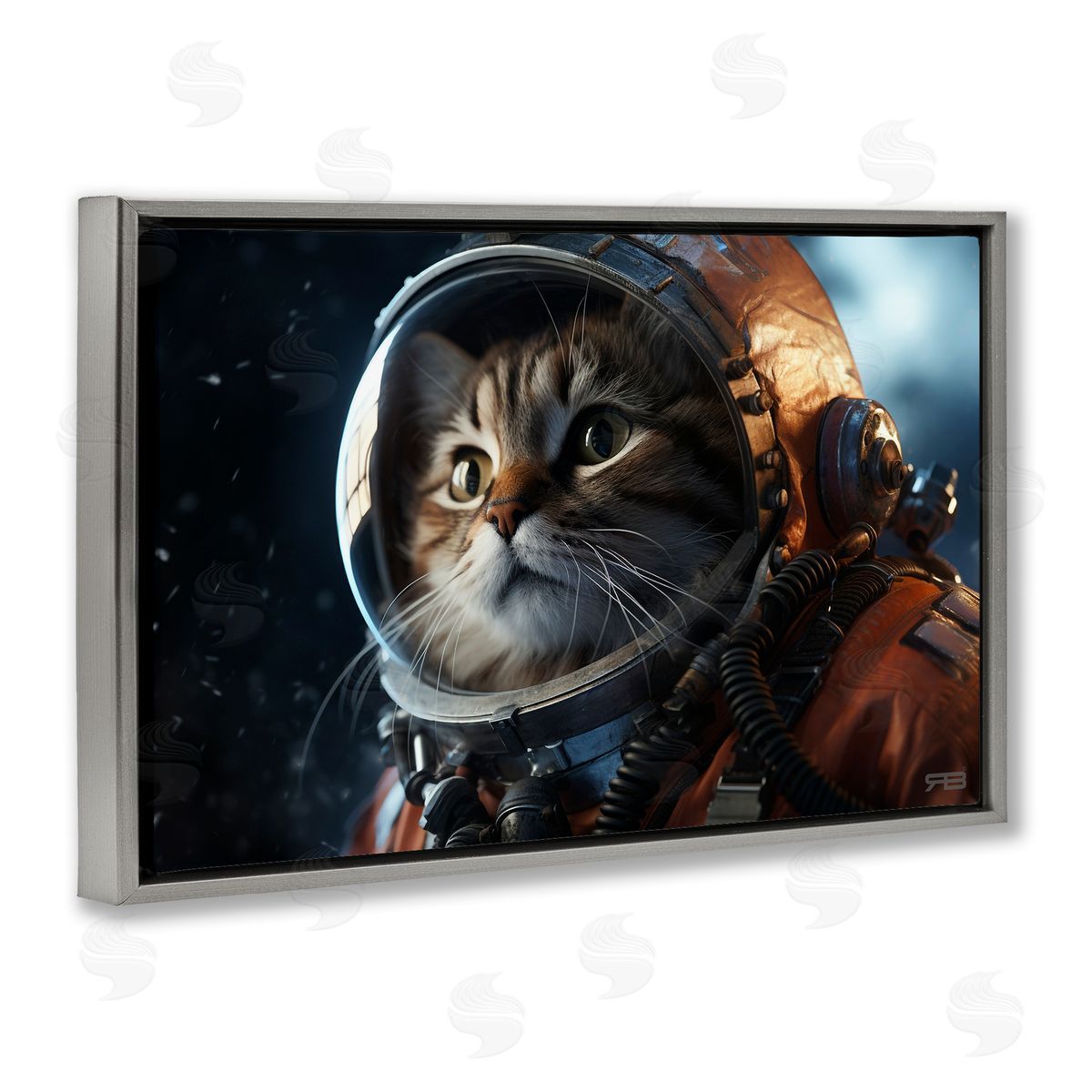 Astronaut Cat in Space Grey Floating Frame Canvas Wall Art, Home Decor by Roozbeh Bahramali
