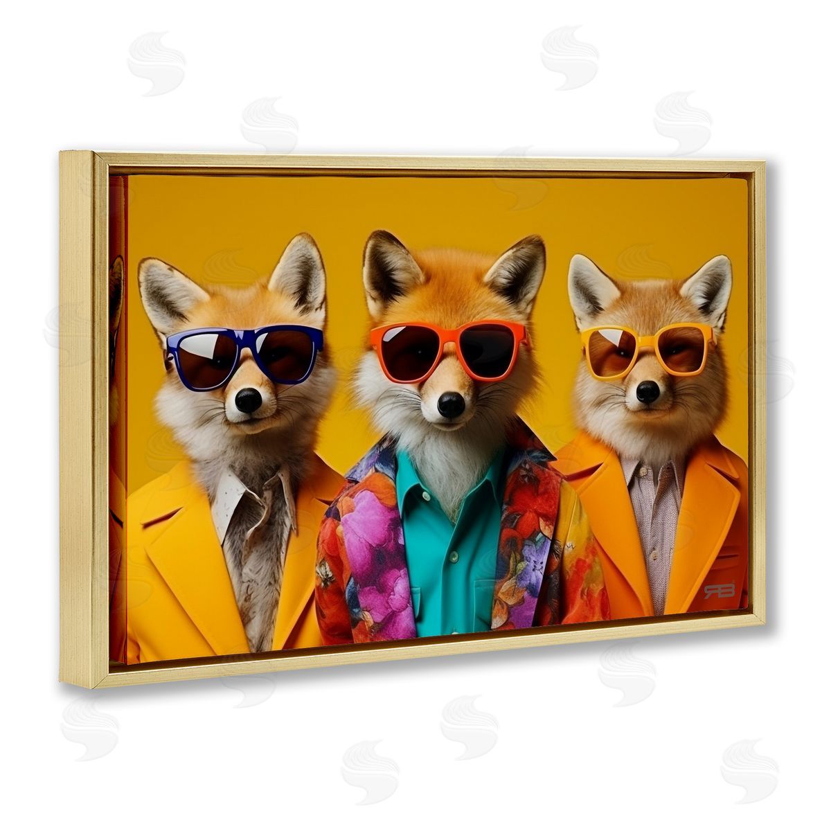 Stylish Fashion Foxes Gold Floating Frame Canvas Wall Art, Home Decor by Roozbeh Bahramali